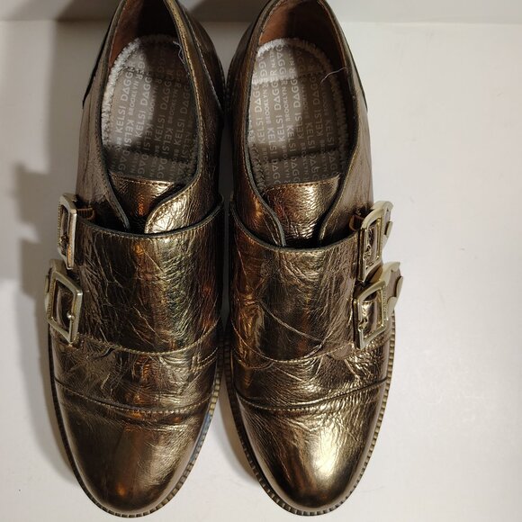 Anthropologie Kelsey Dagger Brooklyn Copper Foiled Buckle Loafers Metallic SZ 10 - Picture 7 of 13
